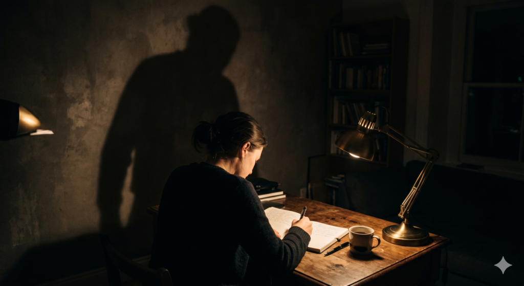 A person sitting near lamp and writing to show what is ghostwriter