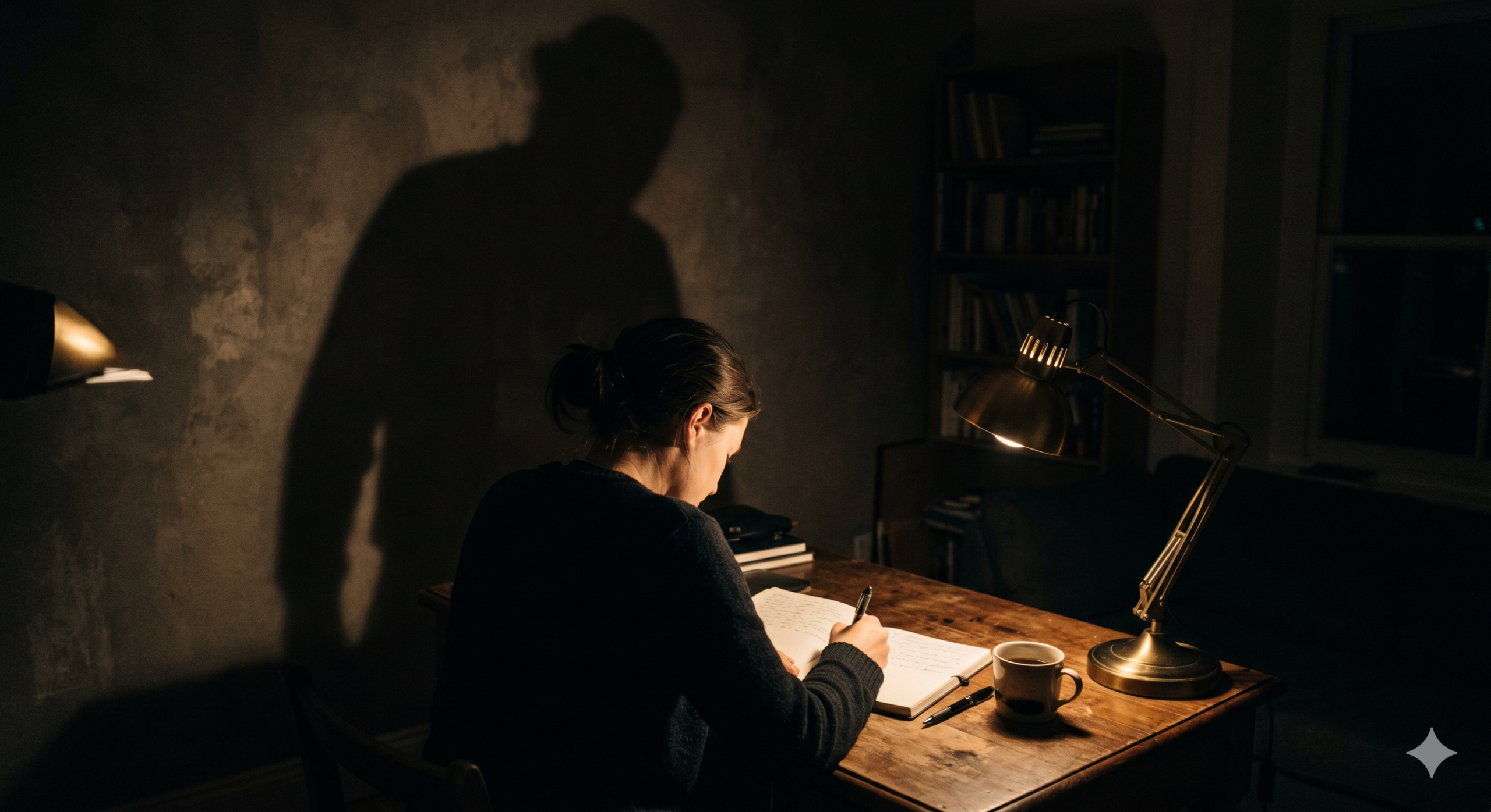 A person sitting near lamp and writing to show what is ghostwriter